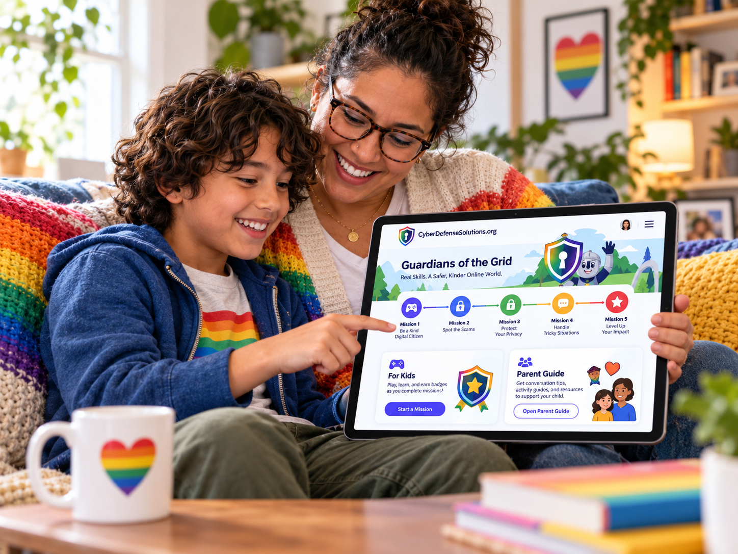 Two people learning online safety together at a laptop