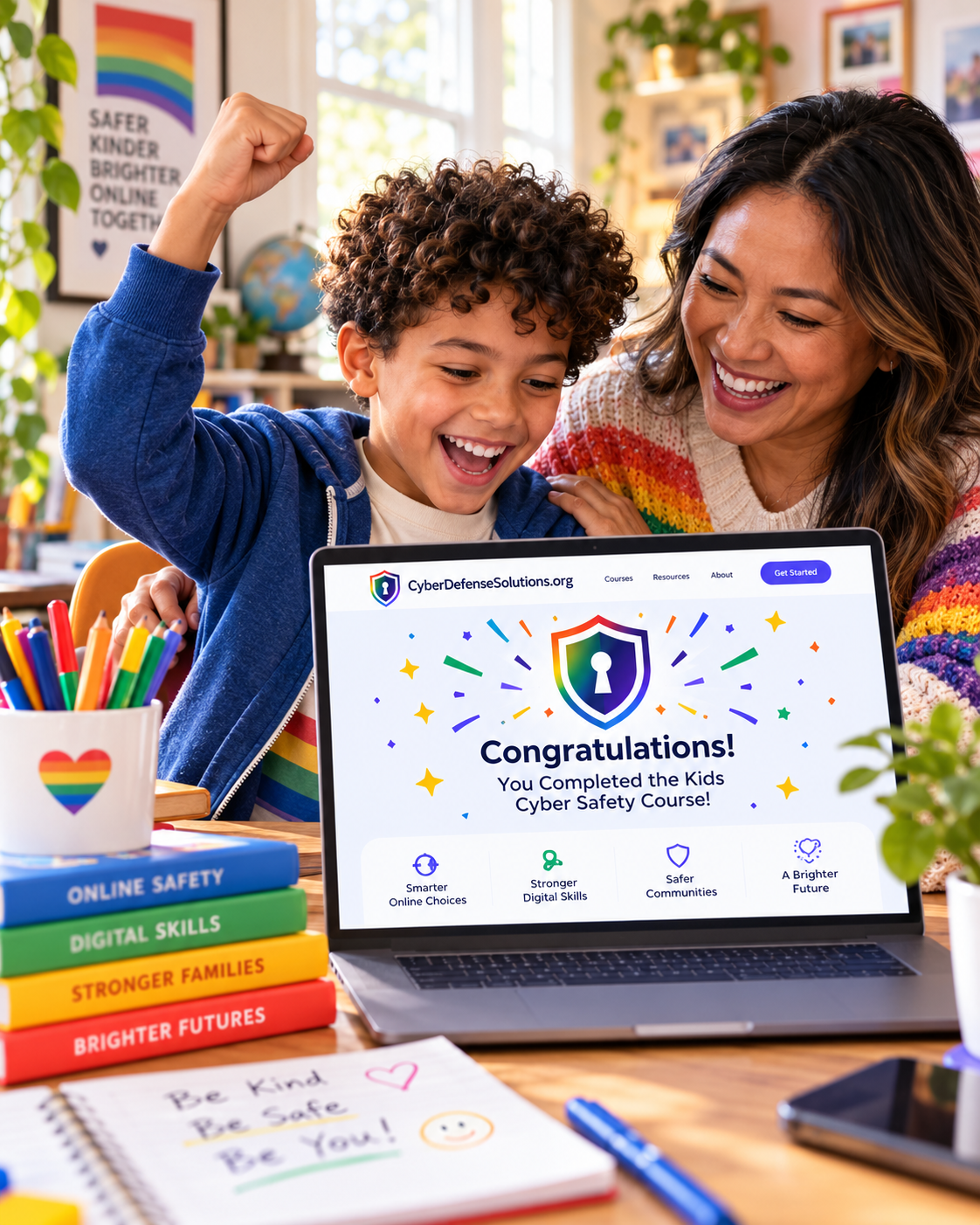 Young person celebrating completing a cyber safety course